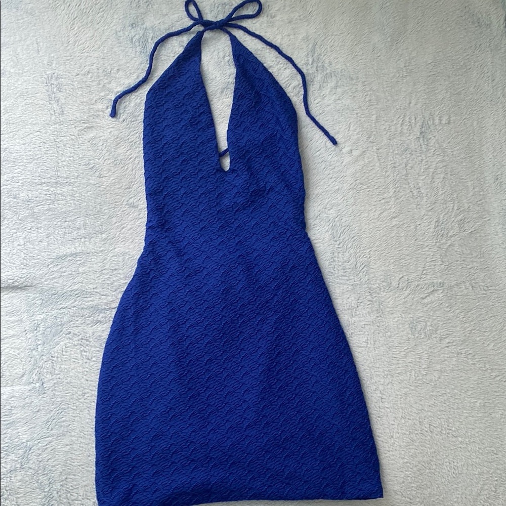 Hello Molly Blue Ribbed Tie Front Mini Dress